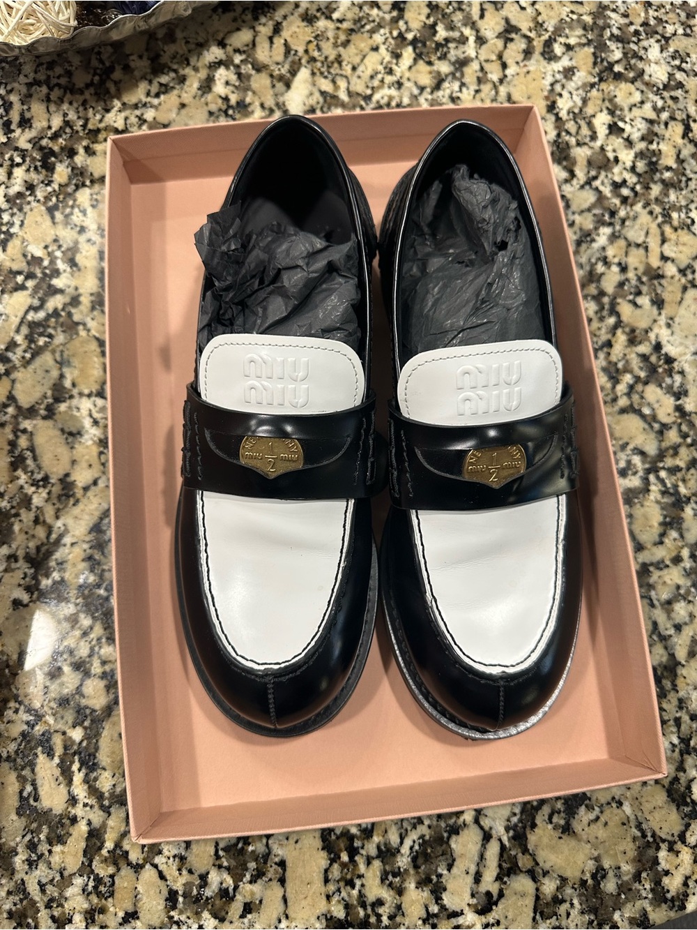 Miu Miu Black and White Leather Loafers